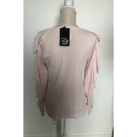 Chaser Lightest Pink V Neck Long Ruffle Sleeve Shirt - M - Picture 4 of 7